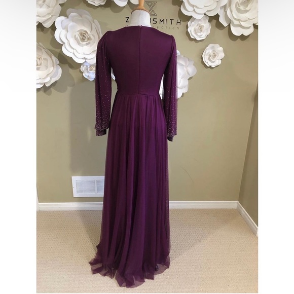 Plum Floor Length Rhinestone Beaded Evening Dress - Picture 6 of 6